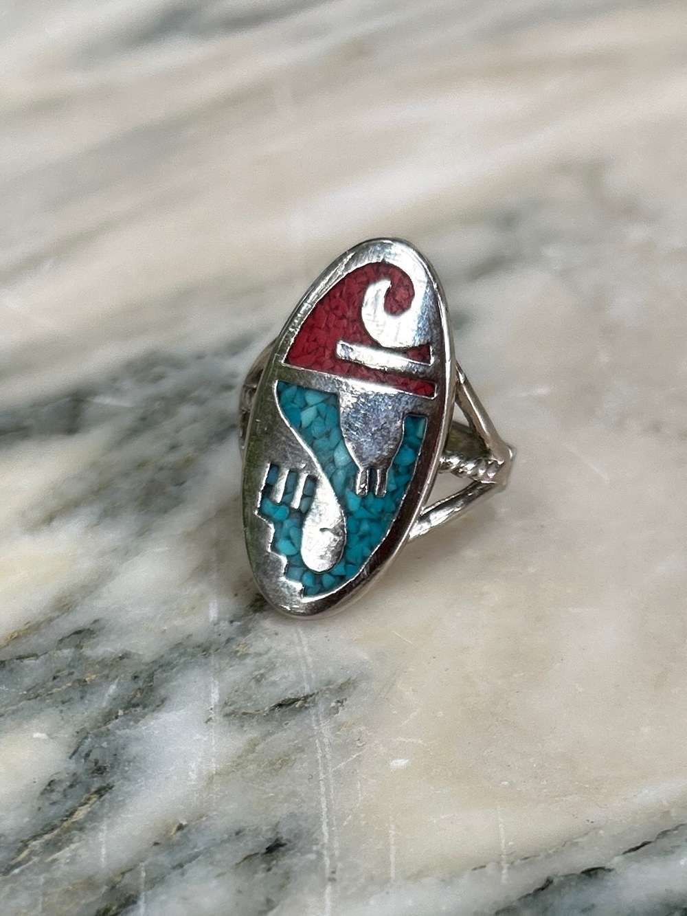 Vintage Silver Alpaca Turquoise and Coral Inlay Ring